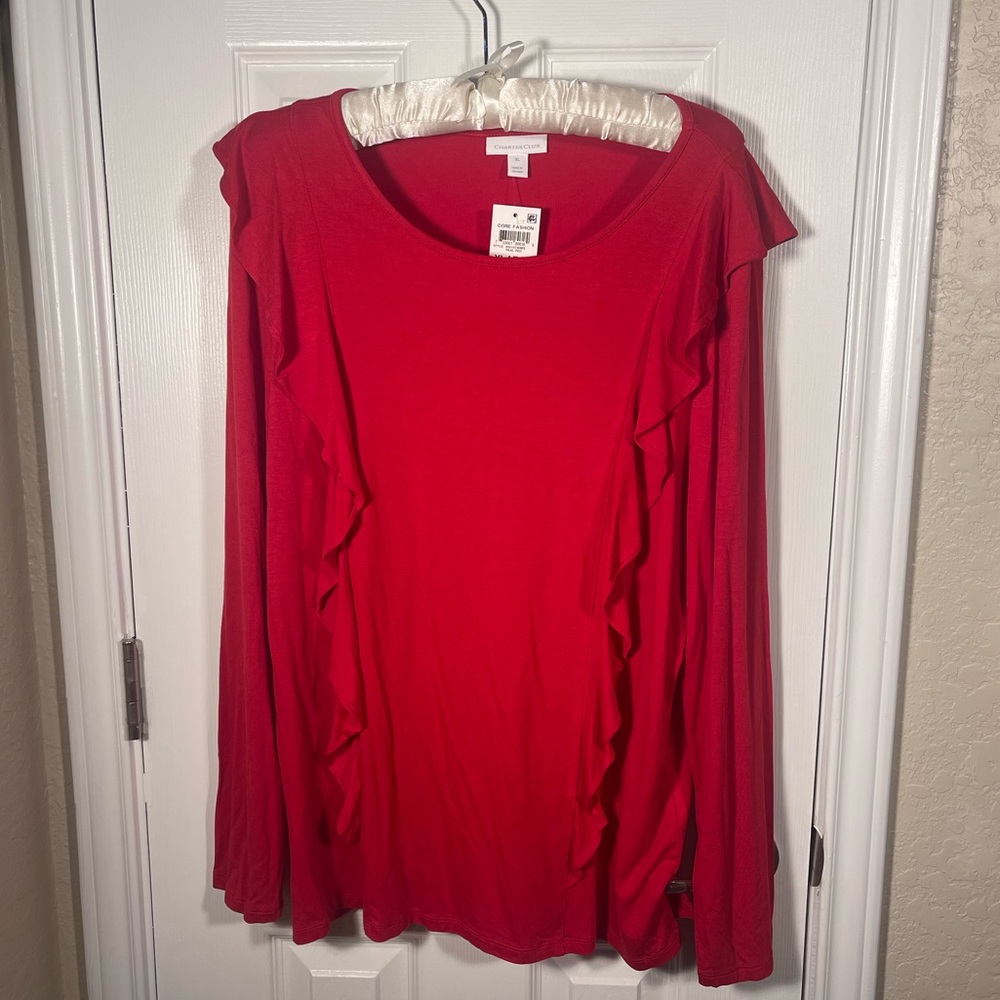 Charter Club Women’s Red Ruffle Long Sleeve Top